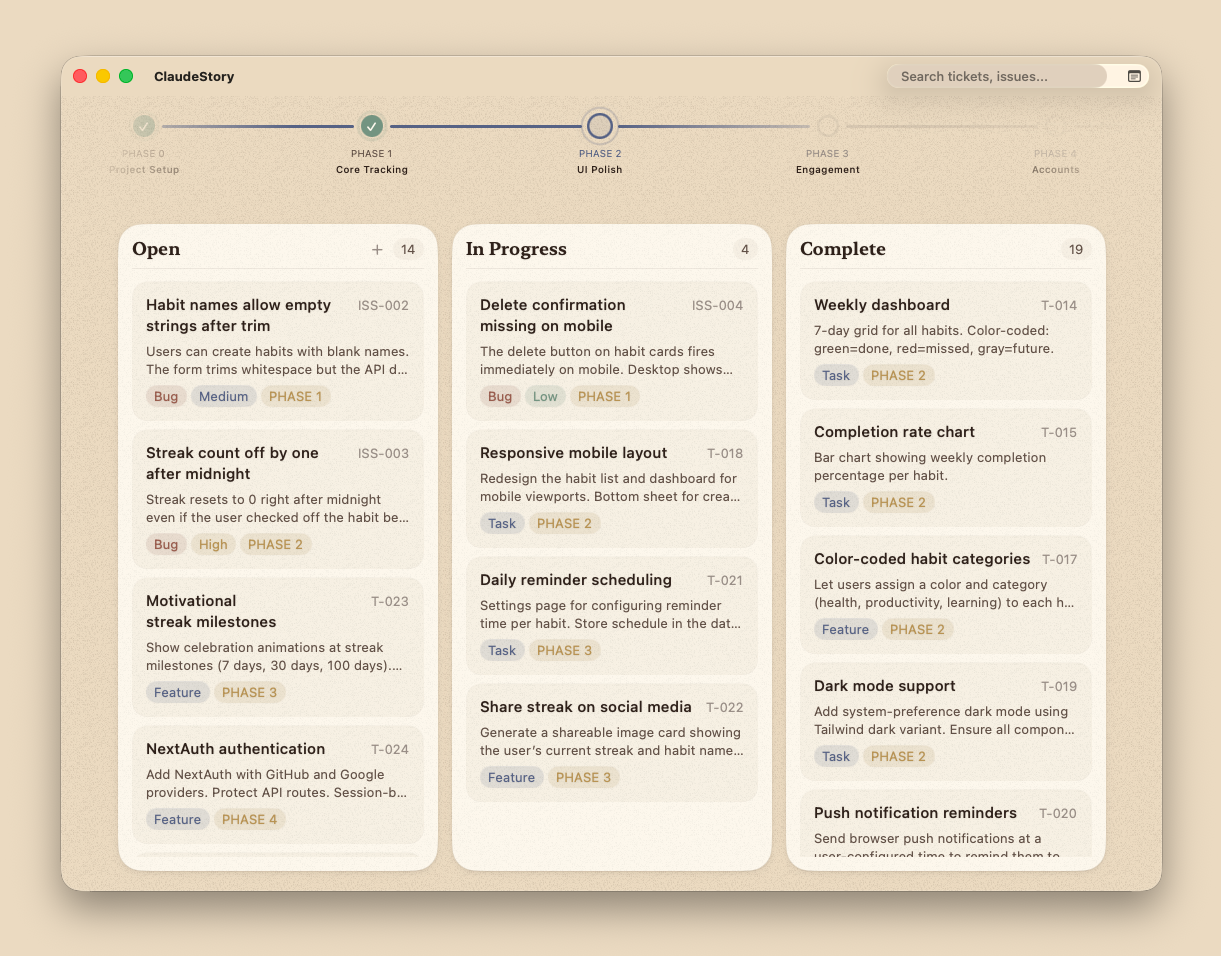 Storybloq kanban board showing tickets and issues across phases